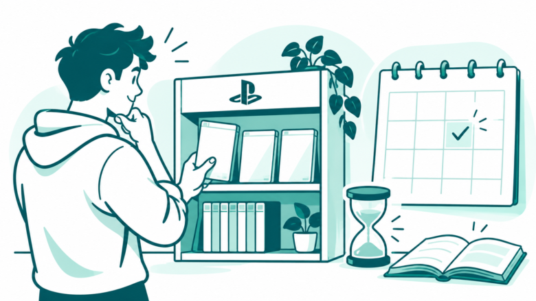 Teal line art of a gamer placing selected game cases into a library beside a blank calendar and a PlayStation symbol.