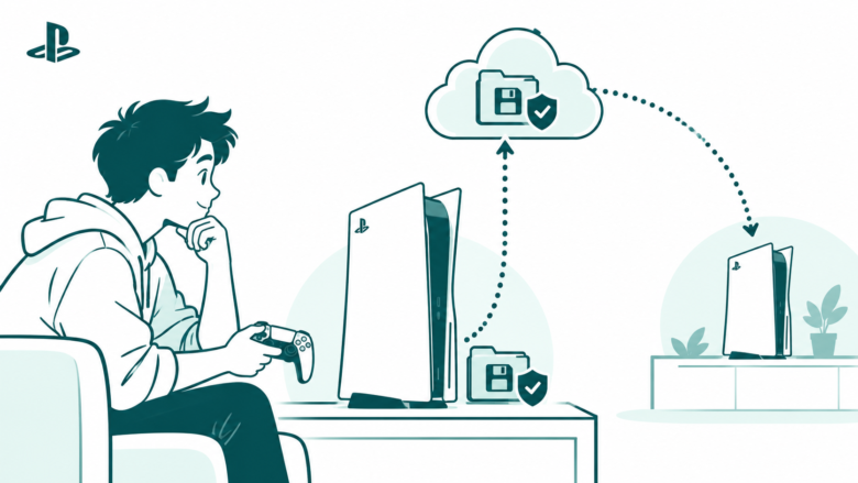 Teal line art of a gamer checking a protected save folder linked by a cloud to two PlayStation consoles.