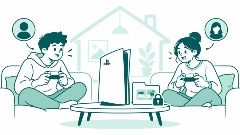 Teal line art of two household players with separate profile symbols beside one PlayStation console and an owner’s library folder.