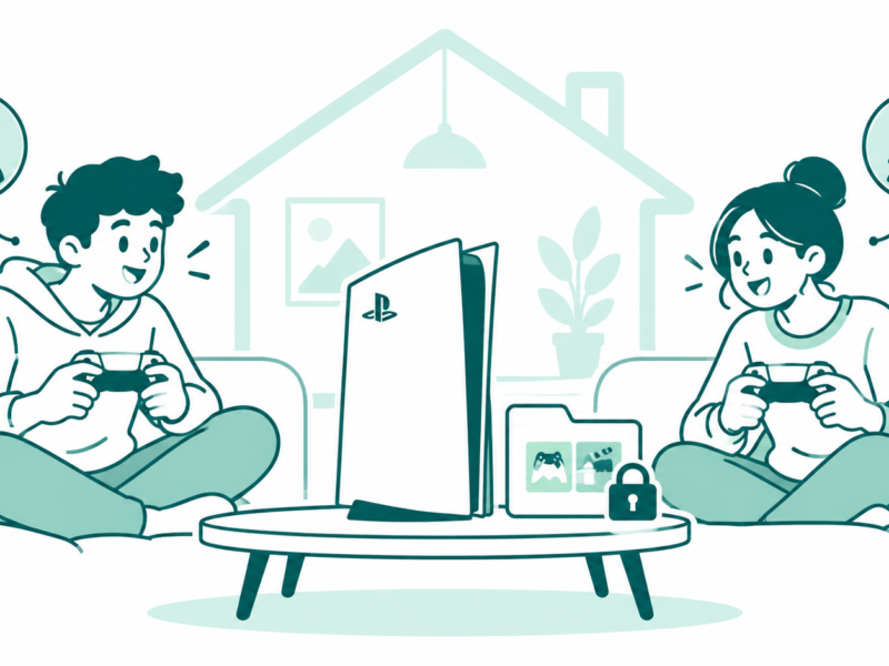 Teal line art of two household players with separate profile symbols beside one PlayStation console and an owner’s library folder.