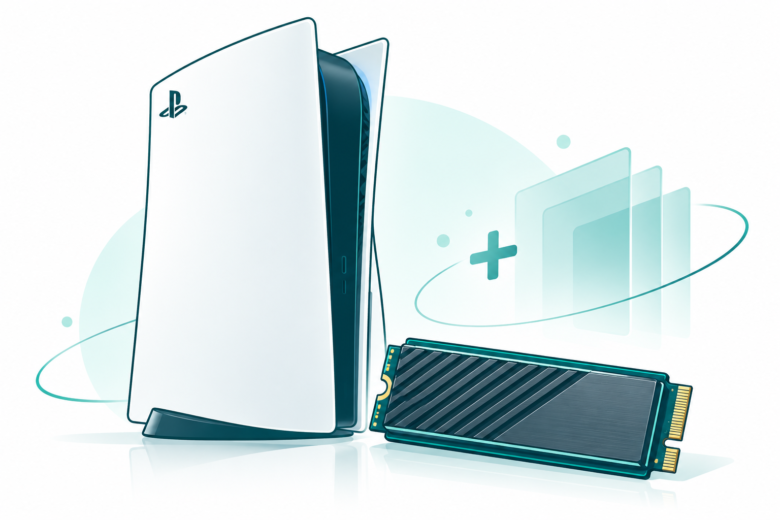 Teal line art of a PlayStation 5 with the official PS symbol, an M.2 drive with cooling fins and a storage expansion motif