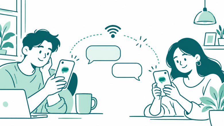 Two people check a phone conversation beside a Wi-Fi symbol and a dotted connection with a gap