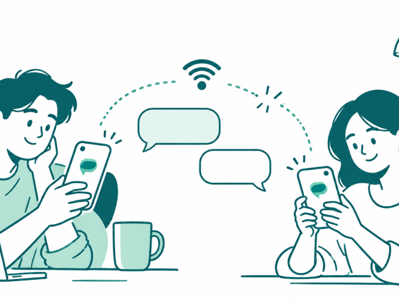 Two people check a phone conversation beside a Wi-Fi symbol and a dotted connection with a gap