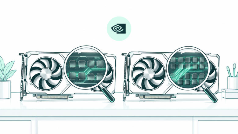Teal conceptual line art of a desktop graphics card, memory tiles and a magnifying glass with the NVIDIA eye emblem