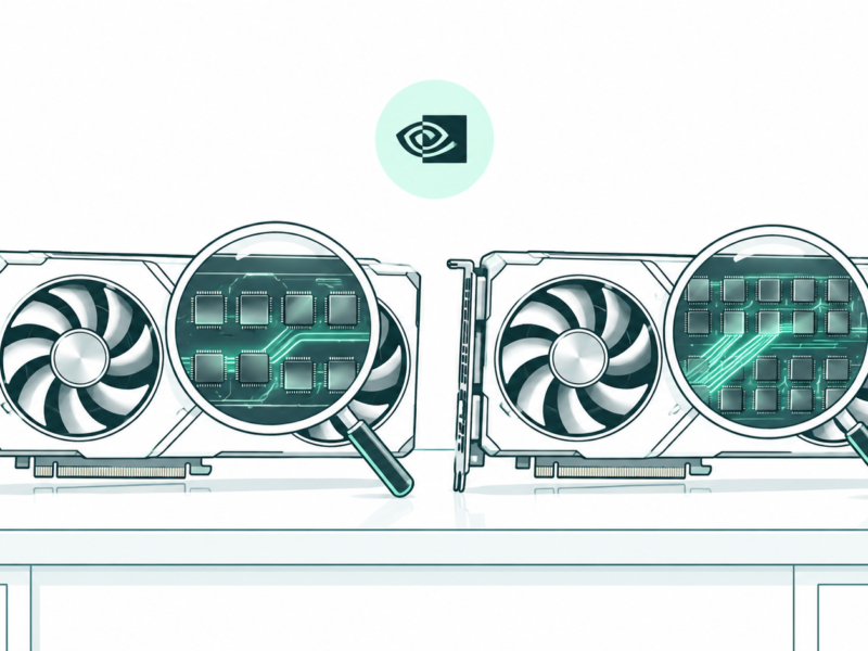 Teal conceptual line art of a desktop graphics card, memory tiles and a magnifying glass with the NVIDIA eye emblem