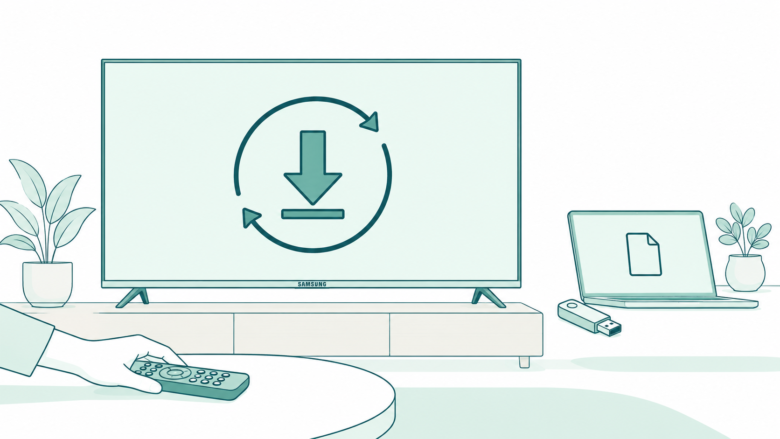 Teal line art of a Samsung television with a software download symbol, a USB drive and a laptop beside it.