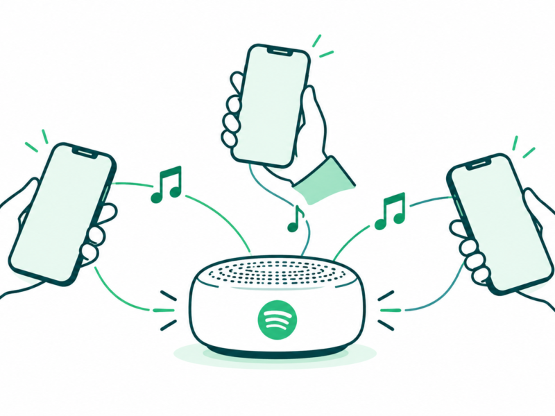 Teal and mint line art of three friends adding music from phones to a shared speaker with the official Spotify icon.