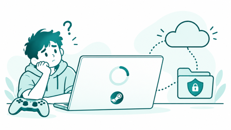 Teal line art of a gamer, a laptop with the Steam symbol and loading ring, and a protected save folder linked to a cloud.