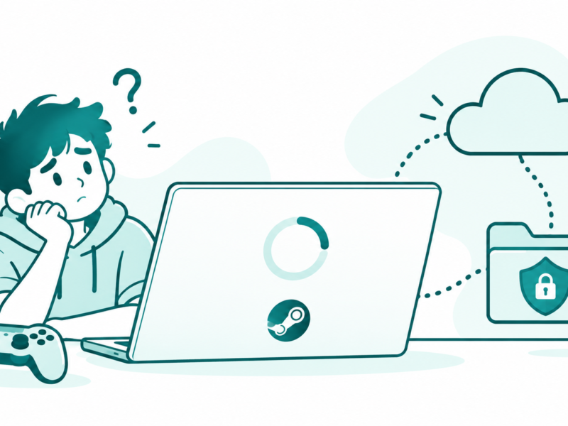 Teal line art of a gamer, a laptop with the Steam symbol and loading ring, and a protected save folder linked to a cloud.