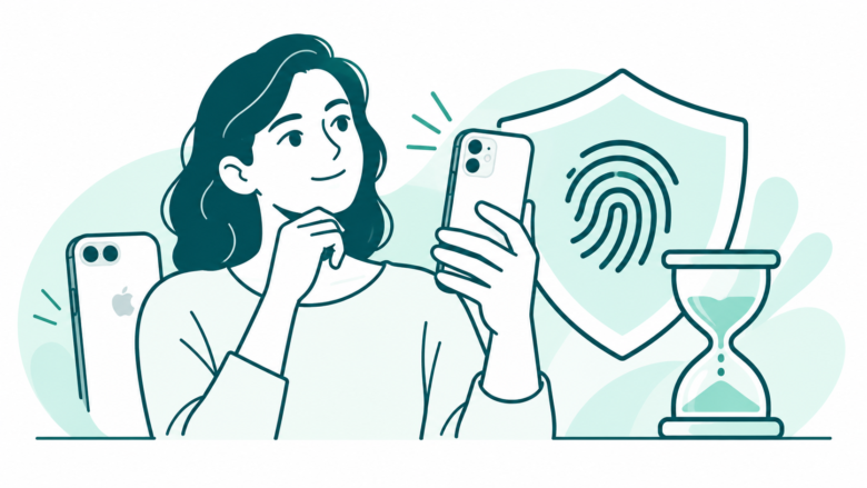 An iPhone owner stands beside a protective shield, fingerprint arcs and an hourglass, with a small Apple logo