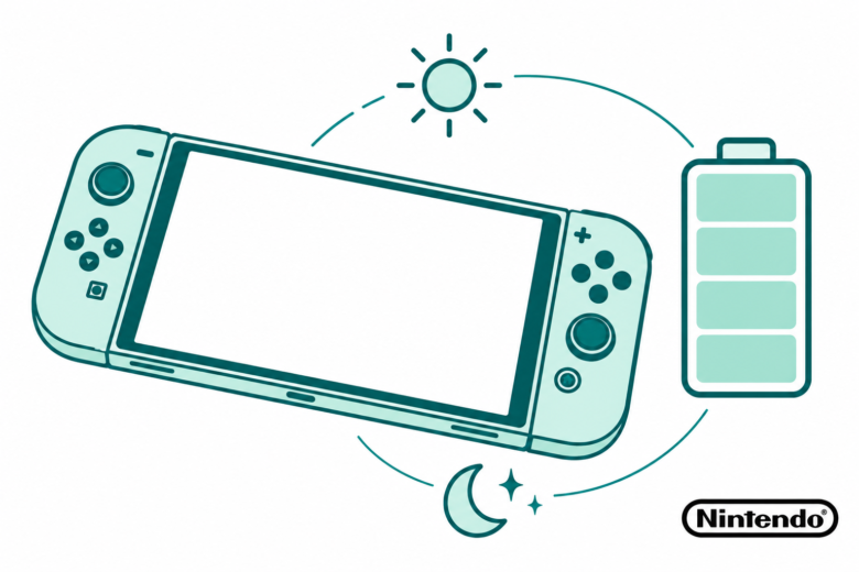 Original teal line art of a handheld console beside battery, sun and moon symbols with a small official Nintendo logo