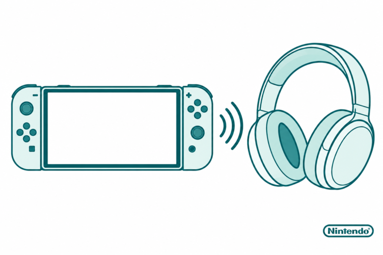Original teal line art of a handheld console and wireless headphones with a small official Nintendo logo