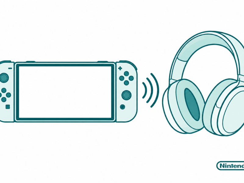 Original teal line art of a handheld console and wireless headphones with a small official Nintendo logo