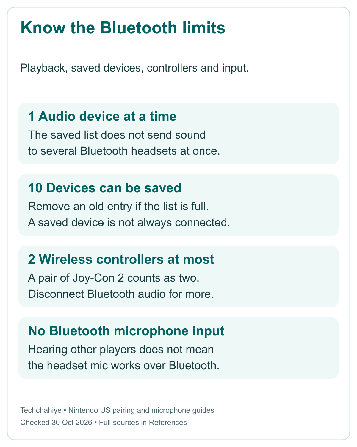 Switch 2 Bluetooth audio limits: one audio device, ten saved devices, two wireless controllers, and no Bluetooth microphone input