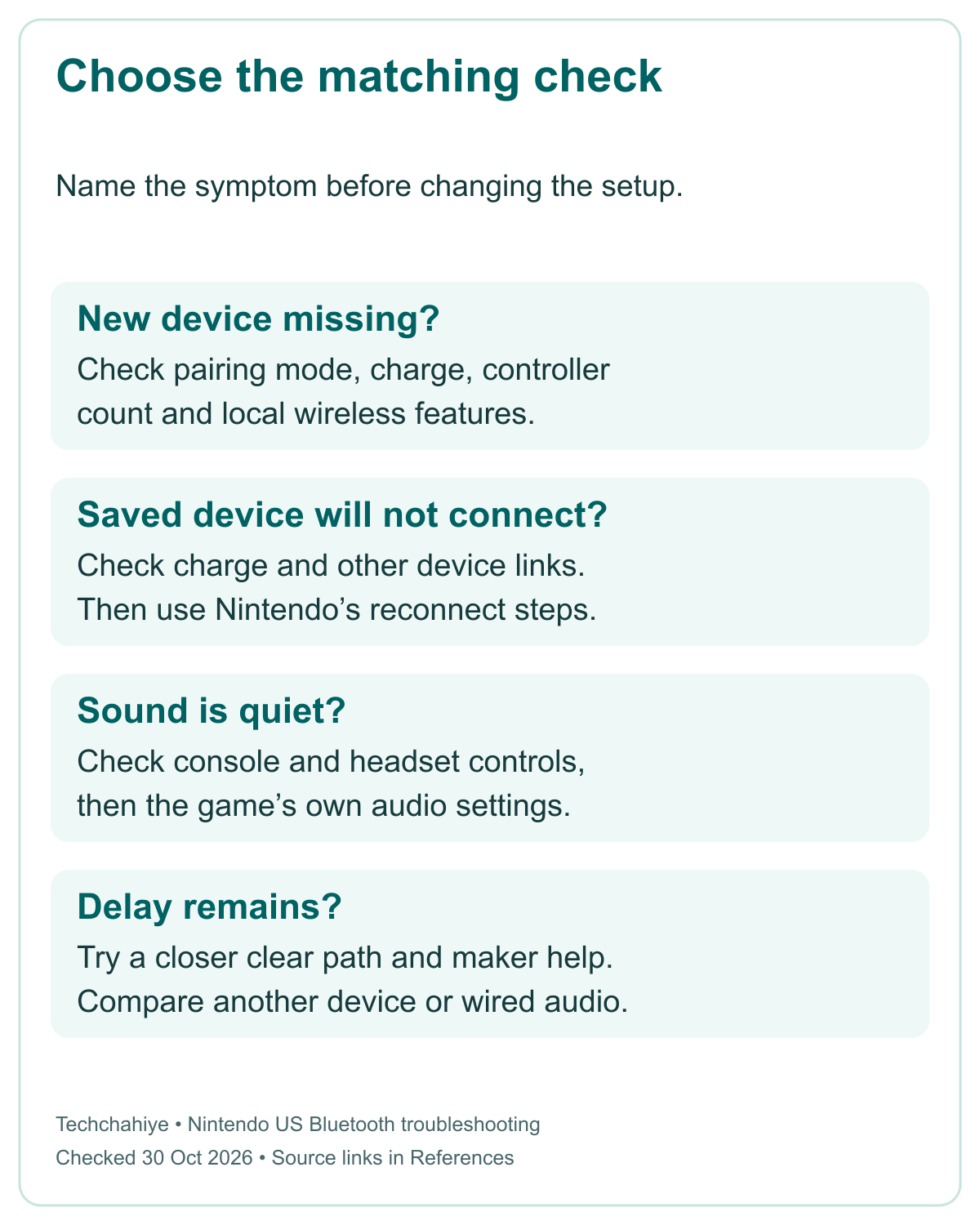 Choose a Switch 2 Bluetooth check for a missing device, failed reconnect, quiet sound, or persistent delay