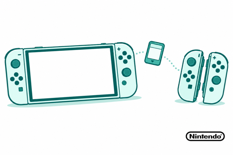 Original teal line art of a handheld console, game card and separate older-style controllers with a small official Nintendo logo