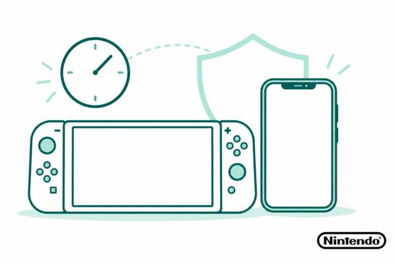 Original teal line art of a gaming console and phone with a clock, shield outline and small official Nintendo logo