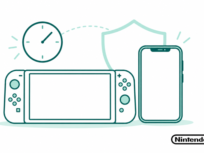 Original teal line art of a gaming console and phone with a clock, shield outline and small official Nintendo logo