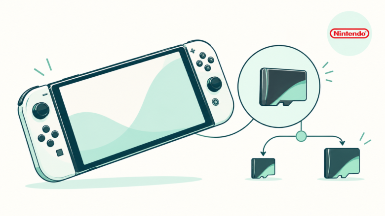 Teal and mint conceptual line art of a handheld game console and storage cards beside the official Nintendo oval logo
