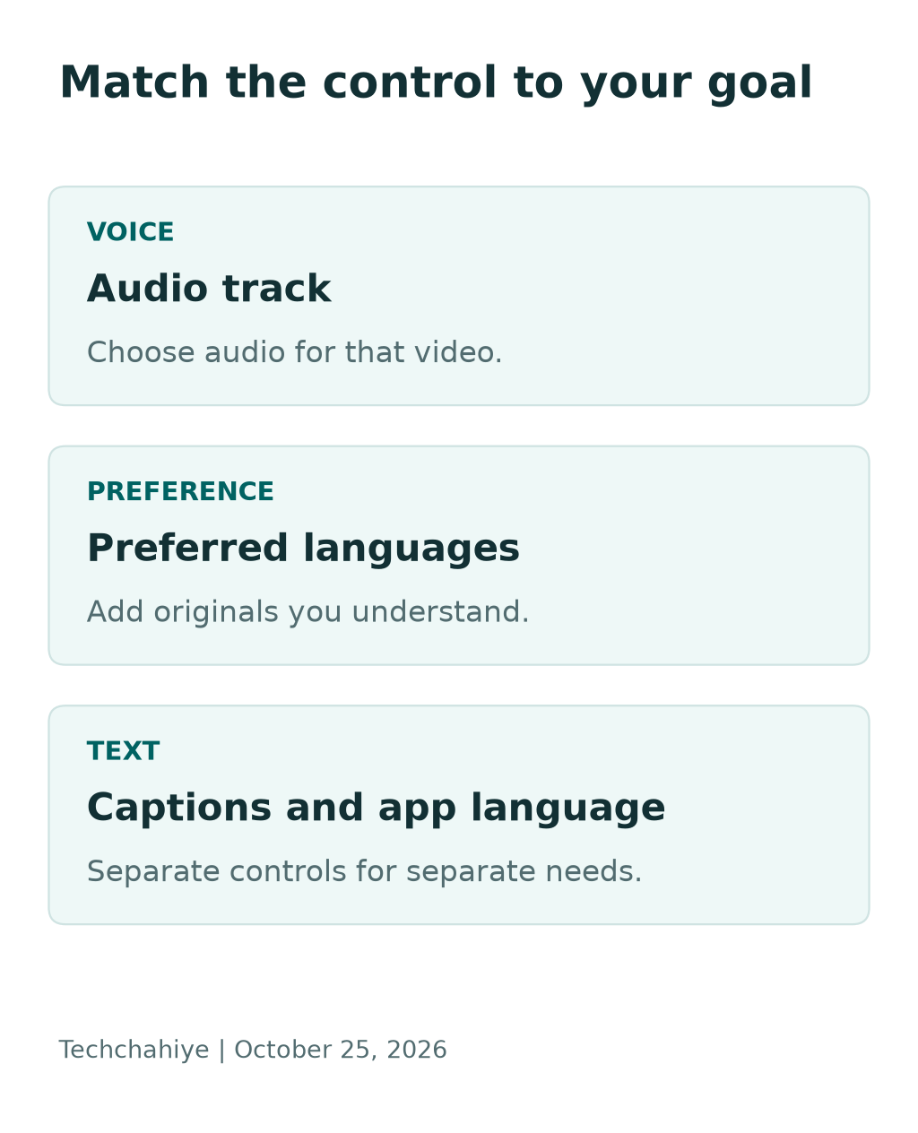Match the control to your goal: Audio track — Choose audio for that video.; Preferred languages — Add originals you understand.; Captions and app language — Separate controls for separate needs.