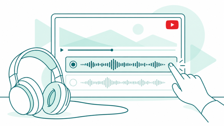 Video screen with two audio waveforms, a selecting hand, headphones and a small YouTube mark