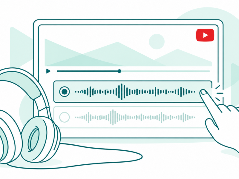 Video screen with two audio waveforms, a selecting hand, headphones and a small YouTube mark