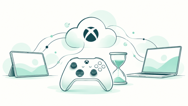 Teal and mint line art of a controller, screens and hourglass connected to a cloud with the official Xbox symbol