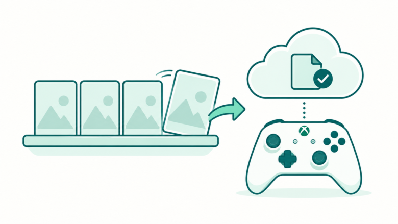 Teal line art of a game tile leaving a shelf while a save file remains in a cloud above an Xbox controller.