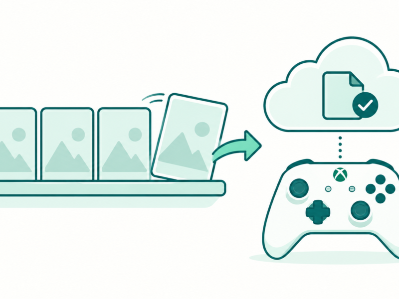 Teal line art of a game tile leaving a shelf while a save file remains in a cloud above an Xbox controller.